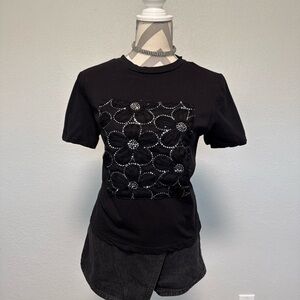 SHEIN Black Floral Sequin Short Sleeve Top